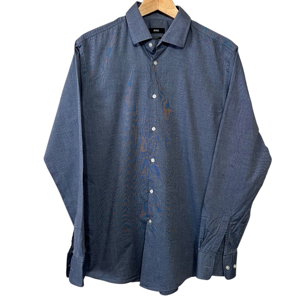 Hugo Boss Dark Blue Sharp Fit Button Up Structured Shirt Men Size 16 34/35